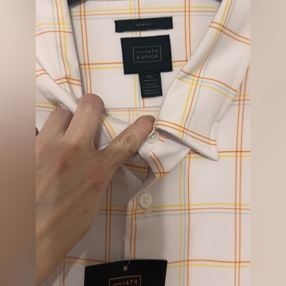 14TH & Union Plaid Shirt Trim Fit White Yellow Orange Button Up - Picture 2 of 4